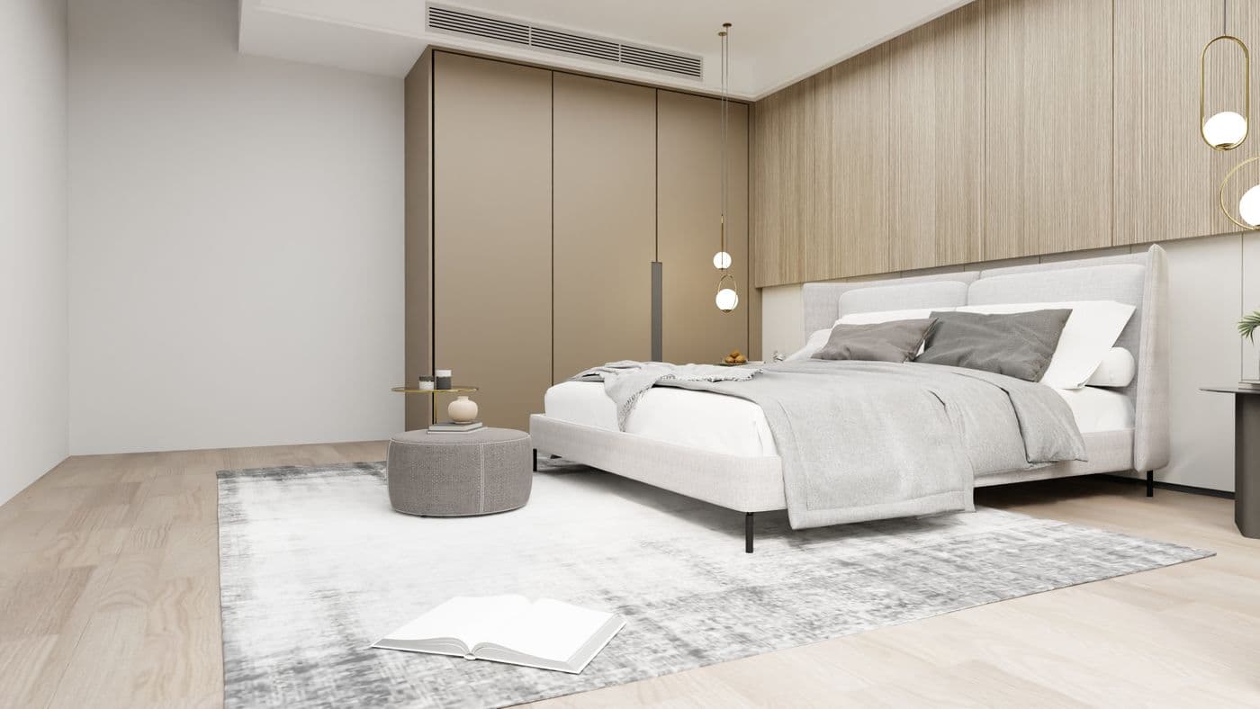 Suite parentale : chambre élégante aux tons beiges, tête de lit et parois en bois, tapis et lumière douce.